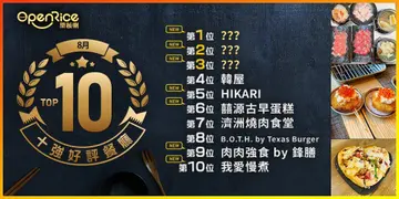 8月份好評餐廳十強