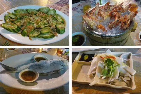 蝦干蒸勝瓜, 冰鎮竹節蝦, 盐焗乌頭鱼, 冰鎮墨鱼