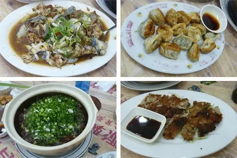豉汁蒸魚頭, 煎韭菜饺, 臘味煲仔飯, 咸鱼煎肉饼