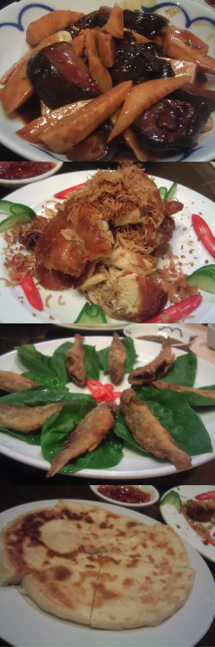 由上至下是燒雙冬、瑤柱蒜香雞、酥炸黃魚配家常餅