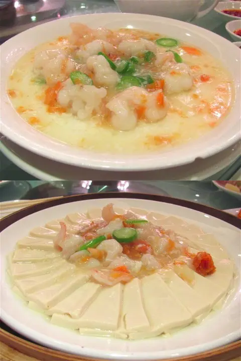 珊瑚白雪大蝦球 $78（上）、籠仔海皇豆腐 $65（下）