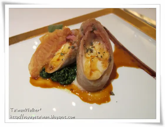 牛仔柳釀水牛芝士伴豬面頰配香草,意大利西蘭花及紅酒汁