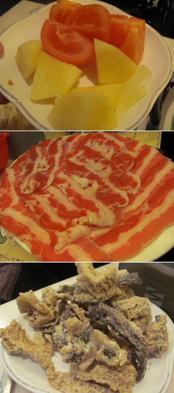 蕃茄薯仔還不錯；超肥肥牛肉；韌的炸魚皮