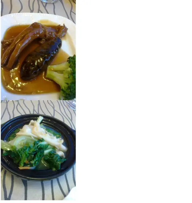 上圖：紅燒海參扣鵝掌；下圖：雪花蚌什菜煲