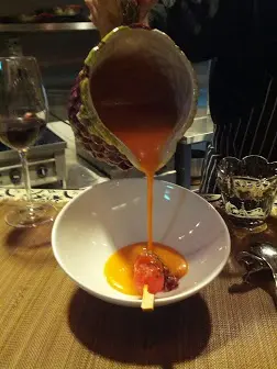 Gazpacho traditional andaluz con brocheta de tomate, sandia y albahaca (with watermelon, tomato and basil) - really refreshing