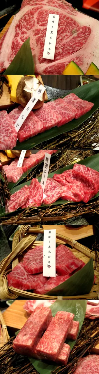 由上而下:極上霜降牛、特選牛排肉、特選肩脊肉、本日之特選部位、厚切牛舌