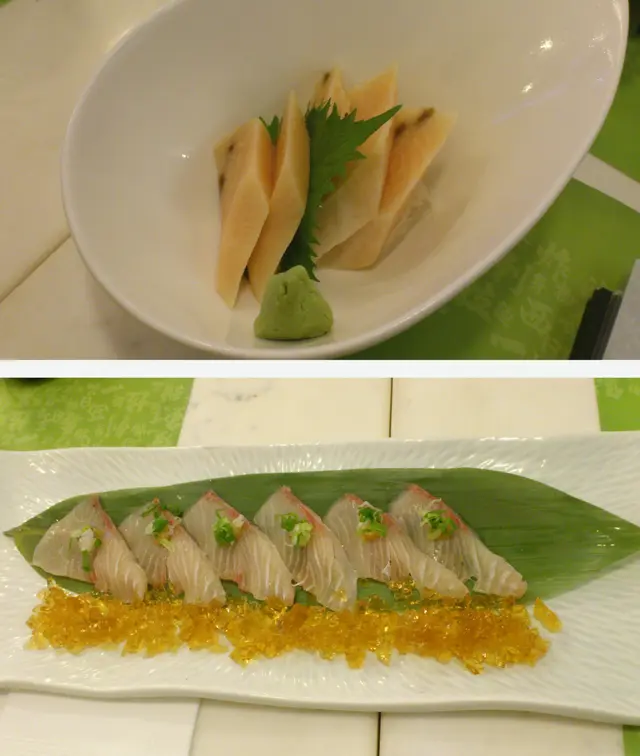 上--劍魚腩刺身; 下--油甘魚薄切