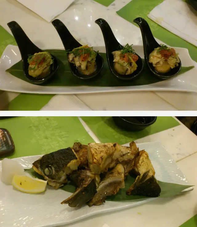 上--和風豬肉薄餅; 下--鹽燒三文魚頭