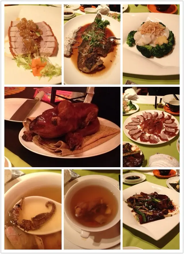 熱菜:脆燒豬腩拼海蜇頭、煎封澳門龍脷、二鬆螺片西蘭花、京烤片皮鴨、香蔥蝦子燒海參。湯:海馬響螺燉鷓鴣