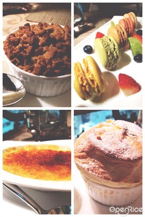 dessert collage - baked apple and cinnamon crumble with vanilla sauce &amp; mini six macaroons &amp; creme br&#251;l&#233;e &amp; hot mango souffl&#233; - 銅鑼灣的Le Marron