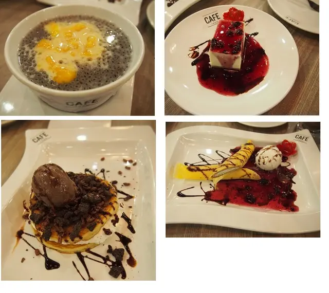 上左：太子甘露；上右：藍莓芝士餅；下左：朱古力美式班戟；下右：藍莓法式班戟