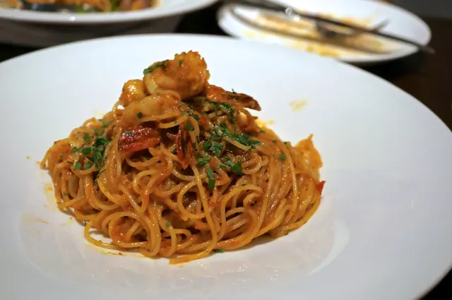 Spaghetti “Sicilian” Style with King Prawns, Sun-dried Shrimp and Tomato Sauce