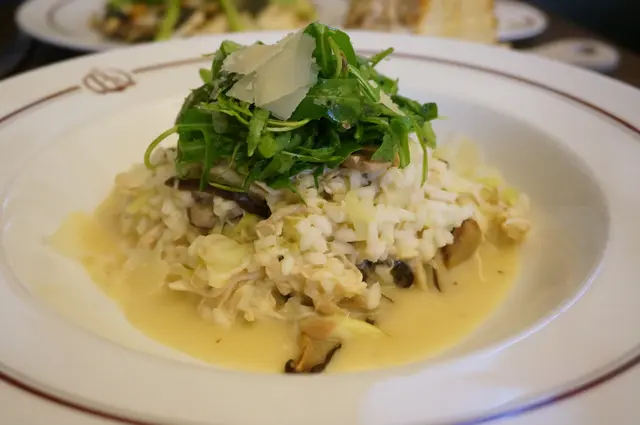 Shredded Chicken Risotto with Mushroom, Leek, Parmesan and Thyme