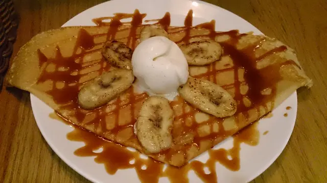 crepe with pan-fried banana, salted butter caramel, vanilla ice-cream