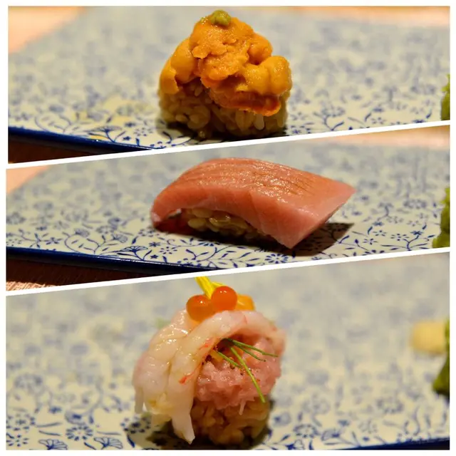 北海道赤海膽壽司(上)、拖羅(中)、創作壽司(下)