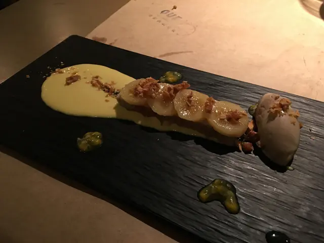 Banana's Ice Cream & Pudding with Passion Fruit Cream and Crispy Peanut