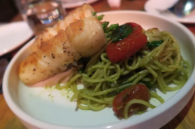 Fillet of Sole and Asparagus Roll Up with Pesto Spaghetti