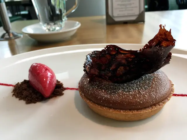 Baked raspberry chocolate tart with raspberry sorbet