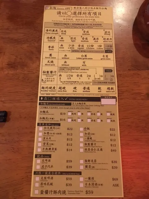 拉麵下單紙 (menu)