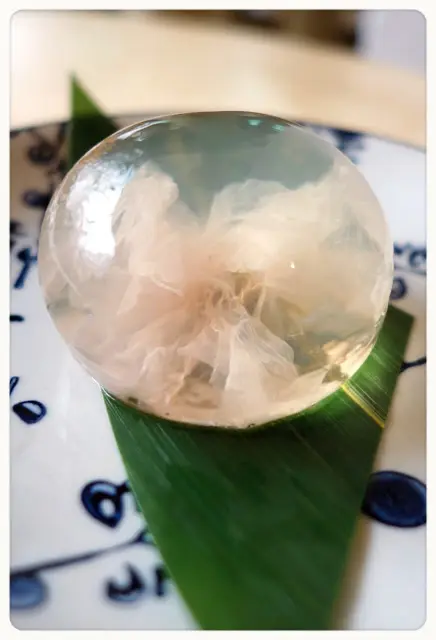 半透明狀的晶瑩啫喱內, 藏有一朵綻放的淡粉紅色櫻花