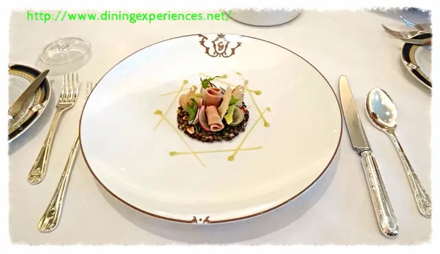 Puy lentils in lightly spicy dressing served with sliced foie gras and crunchy vegetables