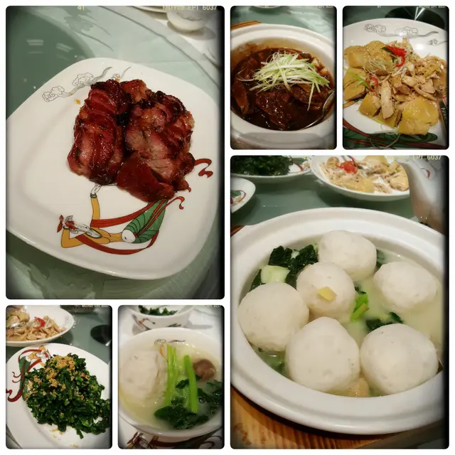 蜜汁烤叉燒，花雕牛肋條煲，沙薑香妃手撕雞，蒜茸炒豆苗，魚湯手打魚腐浸時蔬