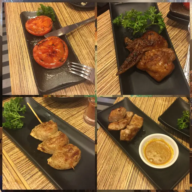 焦糖脆番茄($17)/極品烤餃子釀雞翼($30)/燒手打魚皮餃($28)/秘製沙爹醬燒豬頸肉($26)