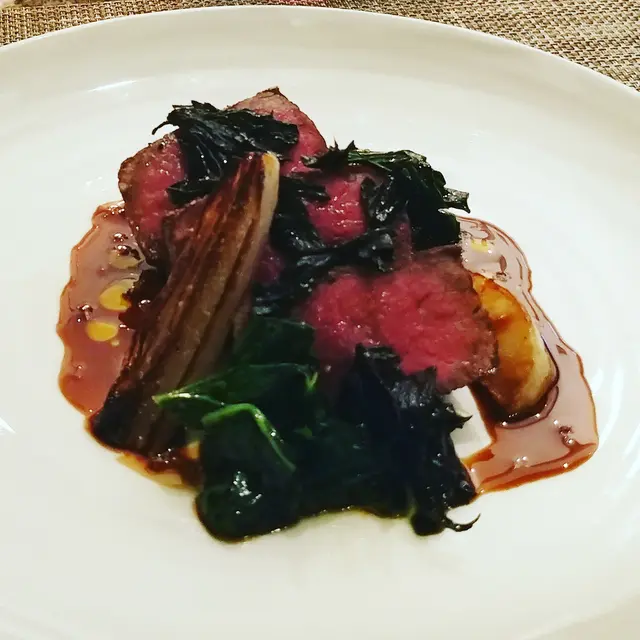 Pan roasted mayura 7+ sirloin, artichoke, sautéed spinach, roast shallot and red wine jus.