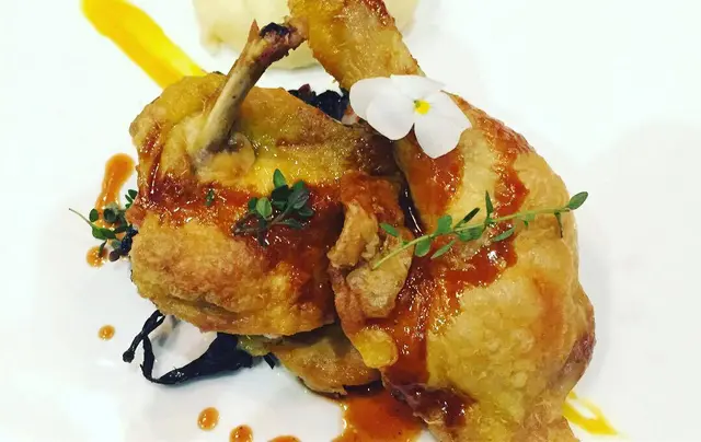 "Yellow" spring chicken, Pancetta, Black Trumper, Potato Brussels Sprouts, Apricot Puree 