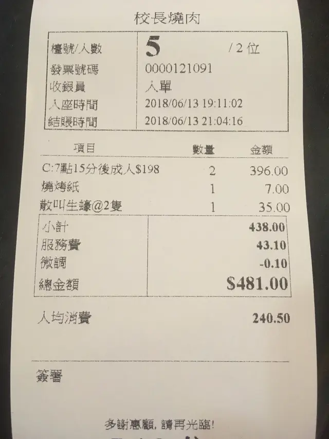 埋單每位$240