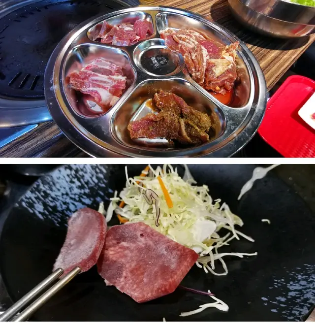 (圖上)不同部位的牛肉,拼在一個盤子,端上來給我們時很有氣勢!!(圖下)烤牛舌