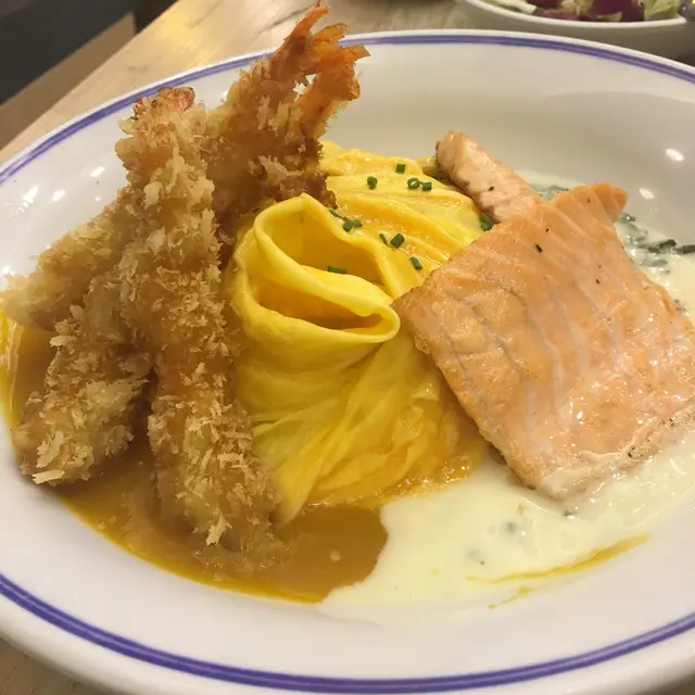 菠菜奶油三文魚x味噌南瓜汁炸蝦