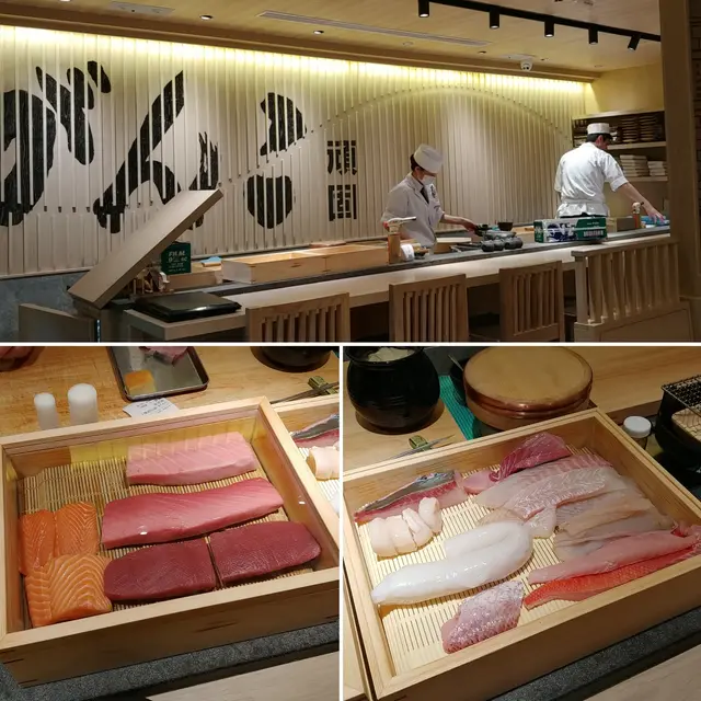 壽司師傅將刺身放在首飾櫃似的盒裡, 透明地將新鮮食材展示。