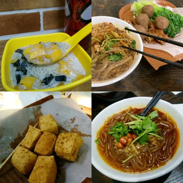 芒果椰汁西米露，酸辣粉，炸牛丸，一口炸豆腐