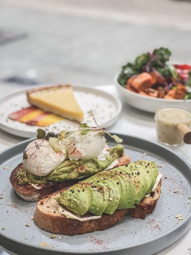 With poached eggs, avocado