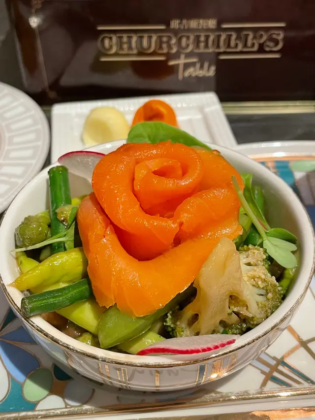 Green asparagus, edamame beans and toasted almonds with balsamic caramel and smoked salmon
