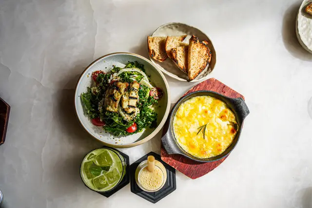 3  cheese  fondue  /  warm  halloumi  salad