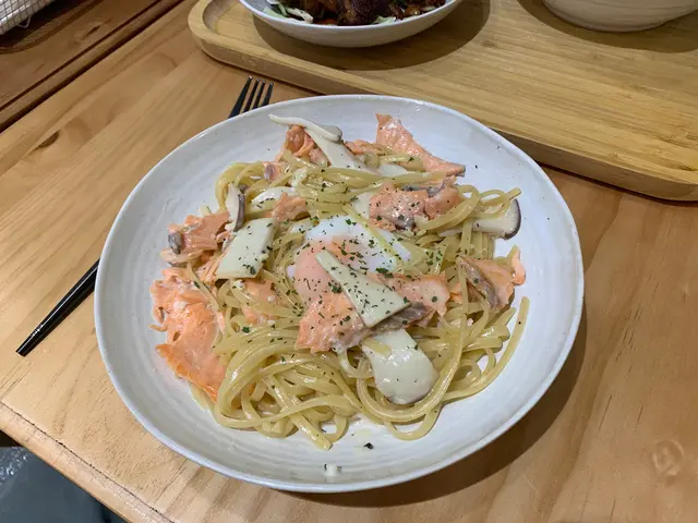 流心蛋煙三文魚白汁意大利麵