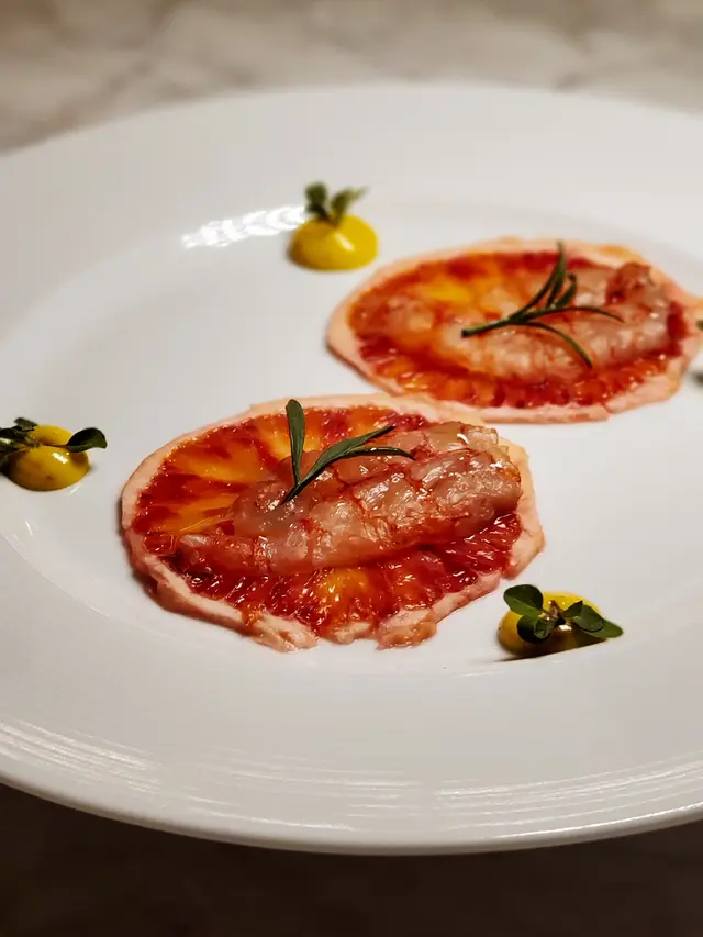 Sicilian Red Prawn Carpaccio, Dried Tarocco Orange, Chili Mayonnaise