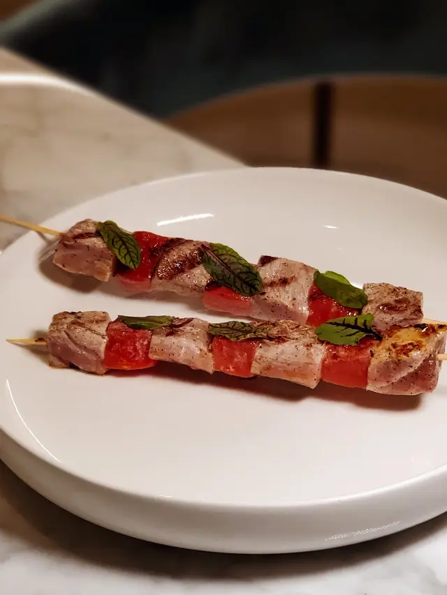 Skewer of Blue Fin Tuna Loin, Slow-cooked Watermelon, Beetroot Chips