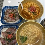 Chicken  soup noodles  with  roasted beef   &  shrimp  soup noodles  with  roasted  beef  
