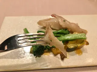 Grilled “Miru” geoduck and broccolini salad, with zucchini terrine