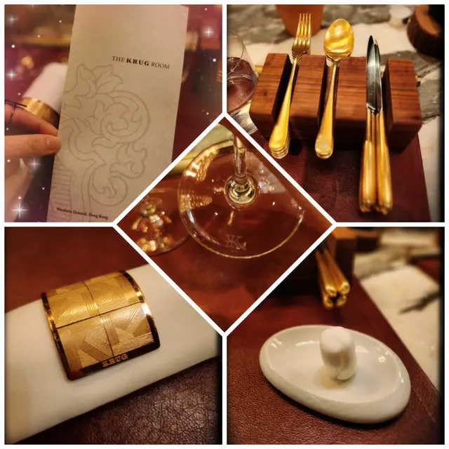 皮造餐墊上擺出金光閃閃嘅中西式餐具及K牌酒杯陣