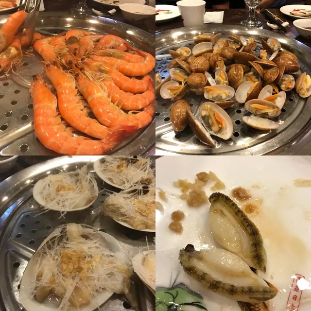 蒸海蝦、噴水貝殻、貴妃蚌、鮑魚