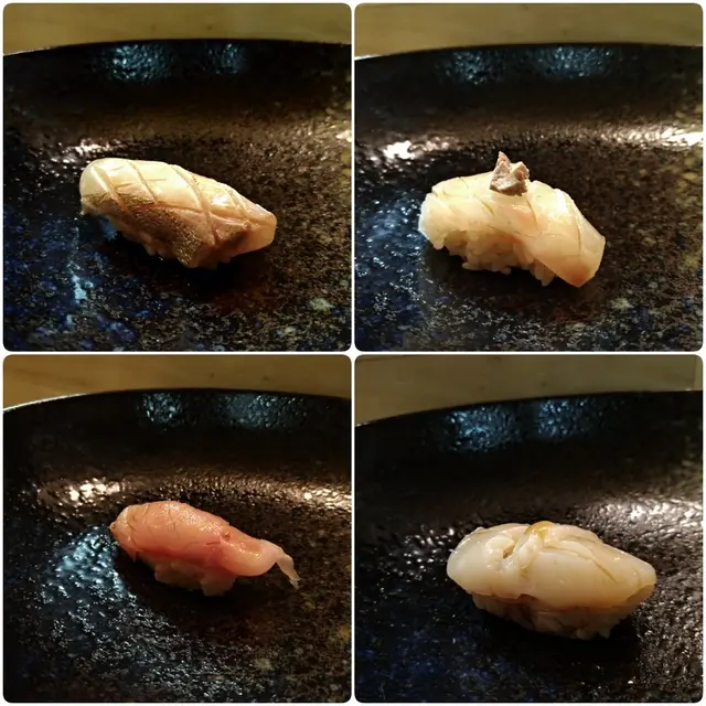 金目鯛壽司，鯛魚壽司，火炙深海池魚壽司，帶子壽司
