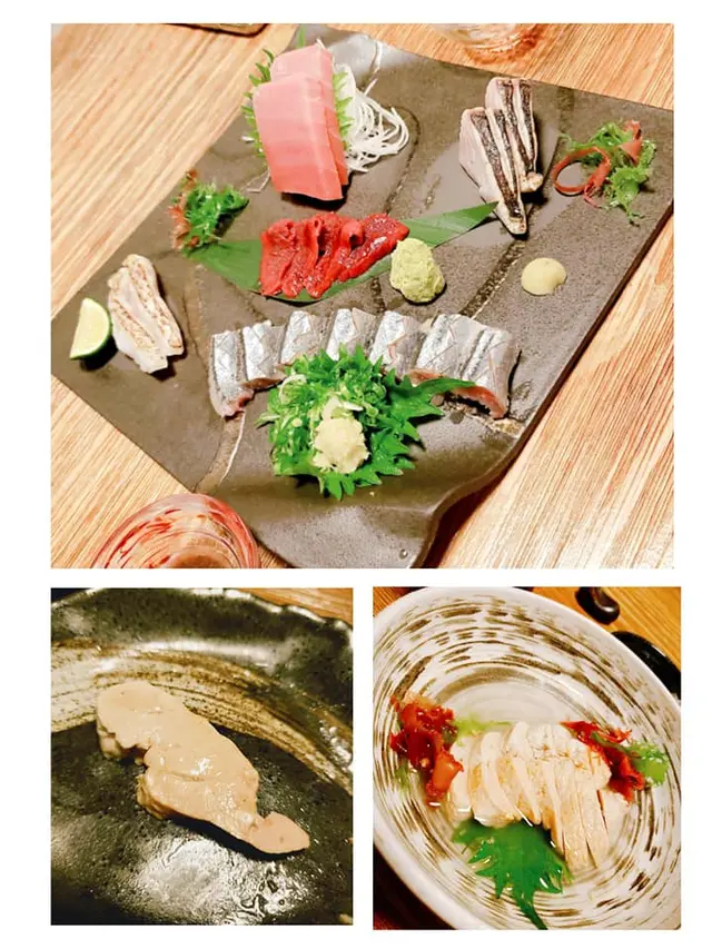 刺身(上)五種盛 -- 鯊魚心臟、馬鮫魚、鰤魚、金槍魚、赤鯥魚
鮟鱇魚肝--好好味!