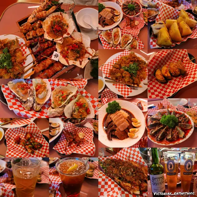 潮式鹵水拼盤$258、 串燒拼盤$388、 蒜蓉燒生蠔四隻$67.2、 雞泡魚乾$48、 蒜蓉燒茄子$48、 串燒翠玉瓜$28、 串燒鮮菠蘿$56、 香辣川式皮蛋$58、 潮式蠔仔餅$118、 串燒交通燈$44、 竹蔗茅根水$28、凍檸茶$20、 藍妹6杯$408、 意大利紅酒$168