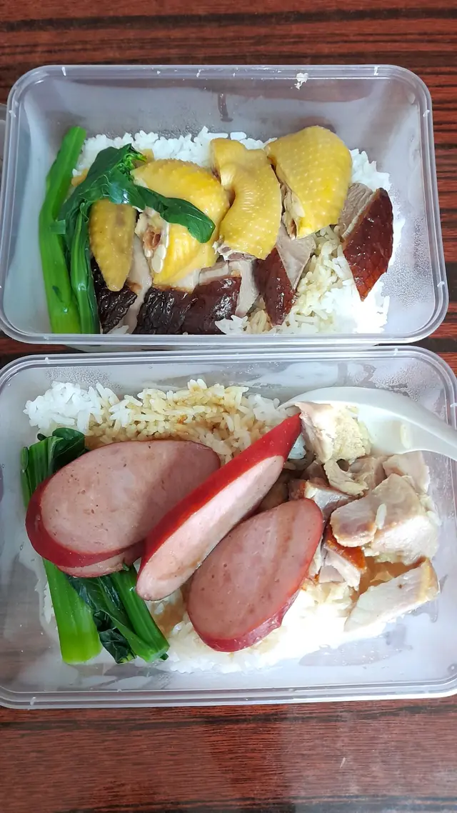 上：燒鴨切雞飯，下：燒腩仔紅膠飯