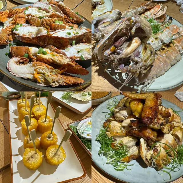 潮式凍食琵琶蝦、燒長頸瀨尿蝦、燒糯米粟、香燒油雞