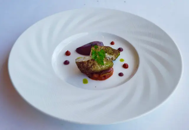 Appetizer - Hokkaido Hamachi with Certified Tropea Red Onion Veloute and Organic Pachino Tomato  